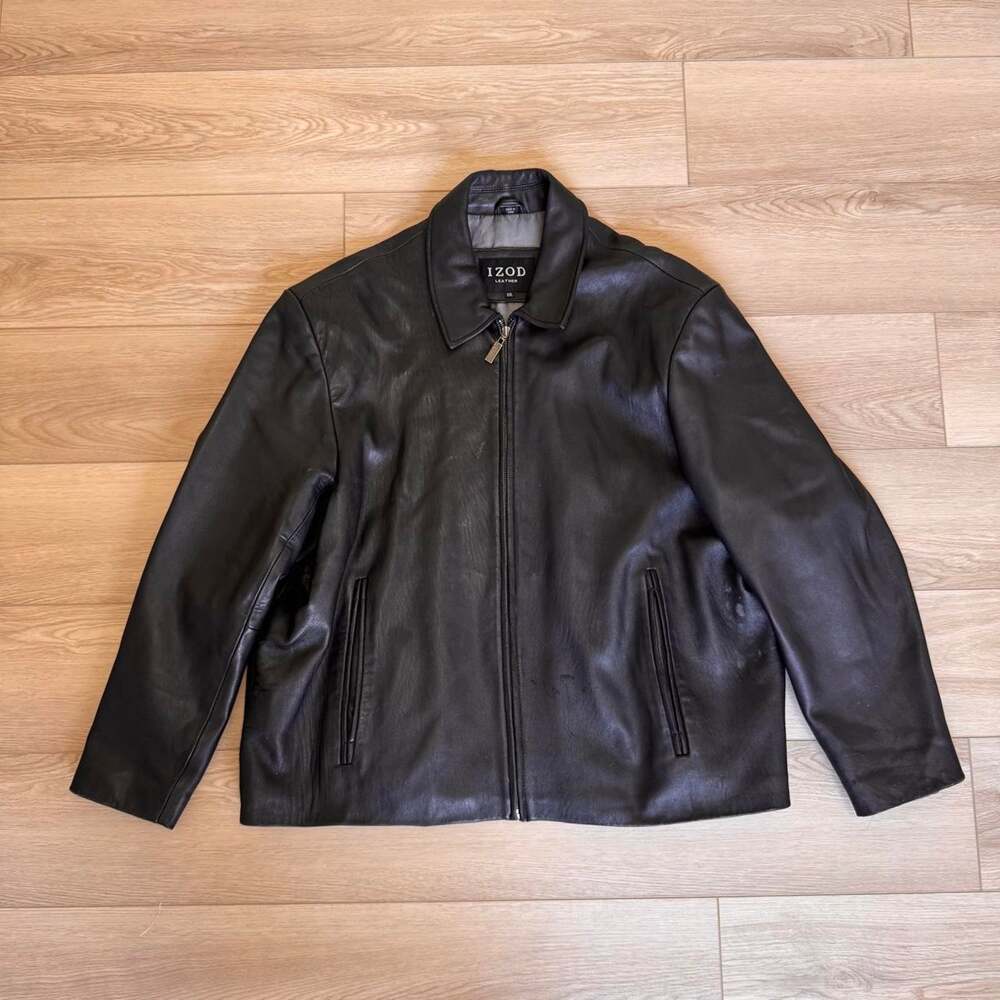 IZOD Black Leather Full Zip Jacket Men’s XXL Collared Minimalist